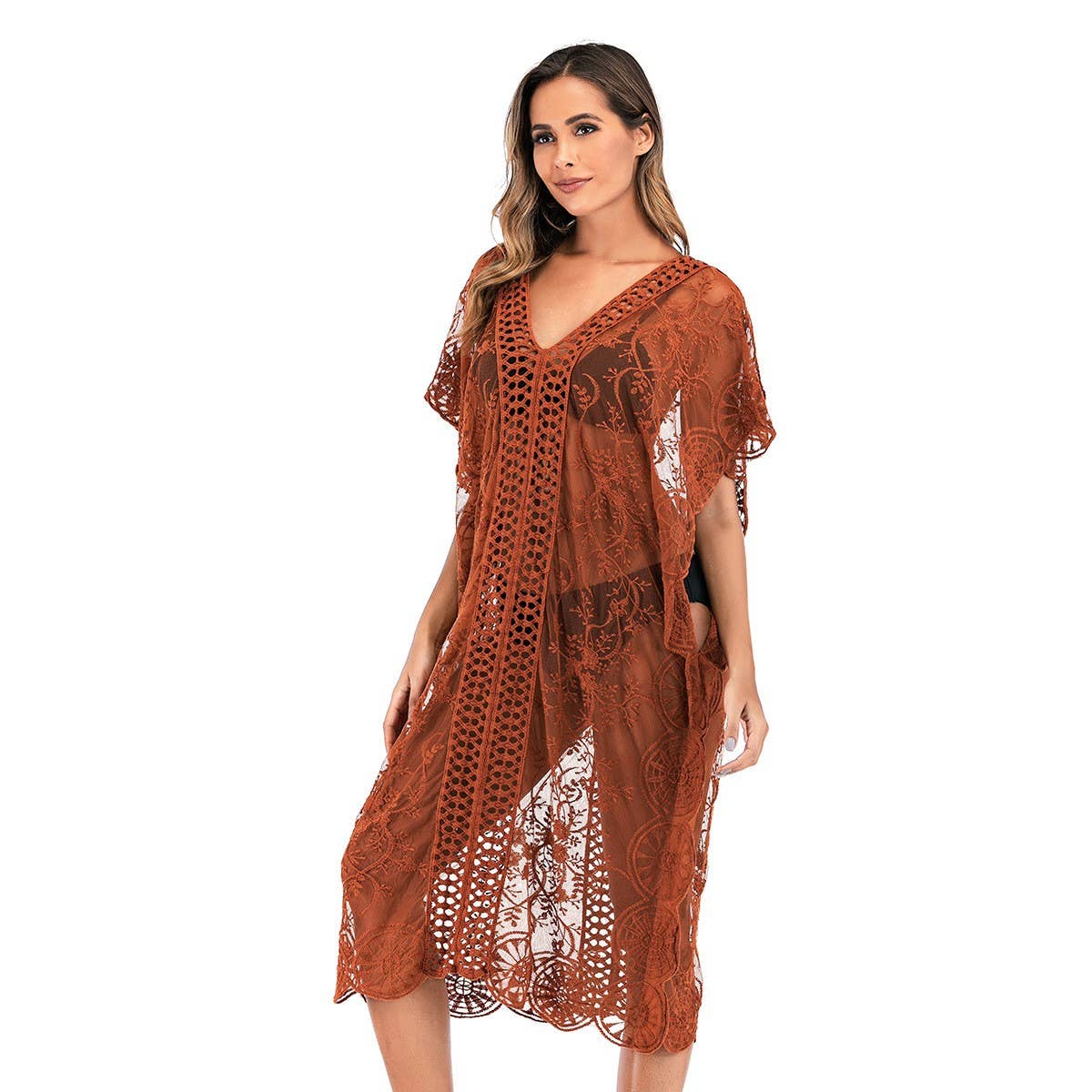 SEXY HOLLOW V-NECK LACE SWIMSUIT COVER-UP
