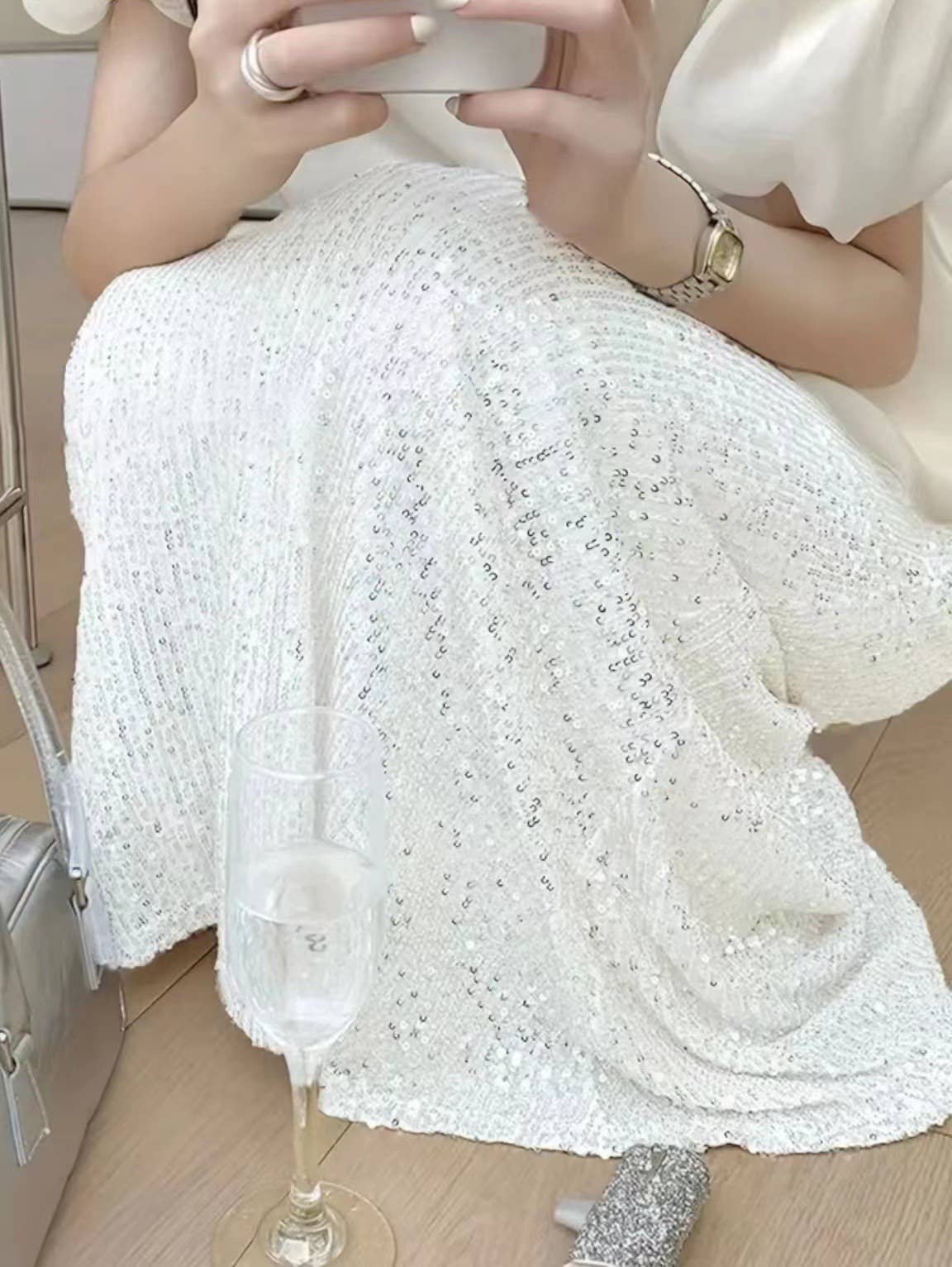 Sequined high-waisted inner elastic drape skirt