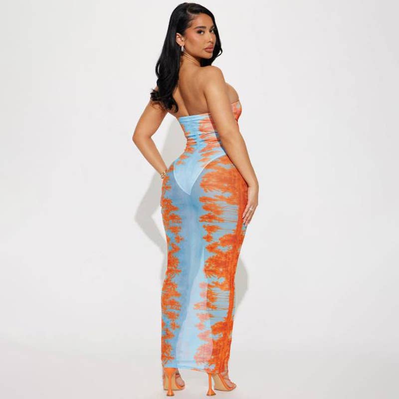 See-through mesh printed one-line collar dress