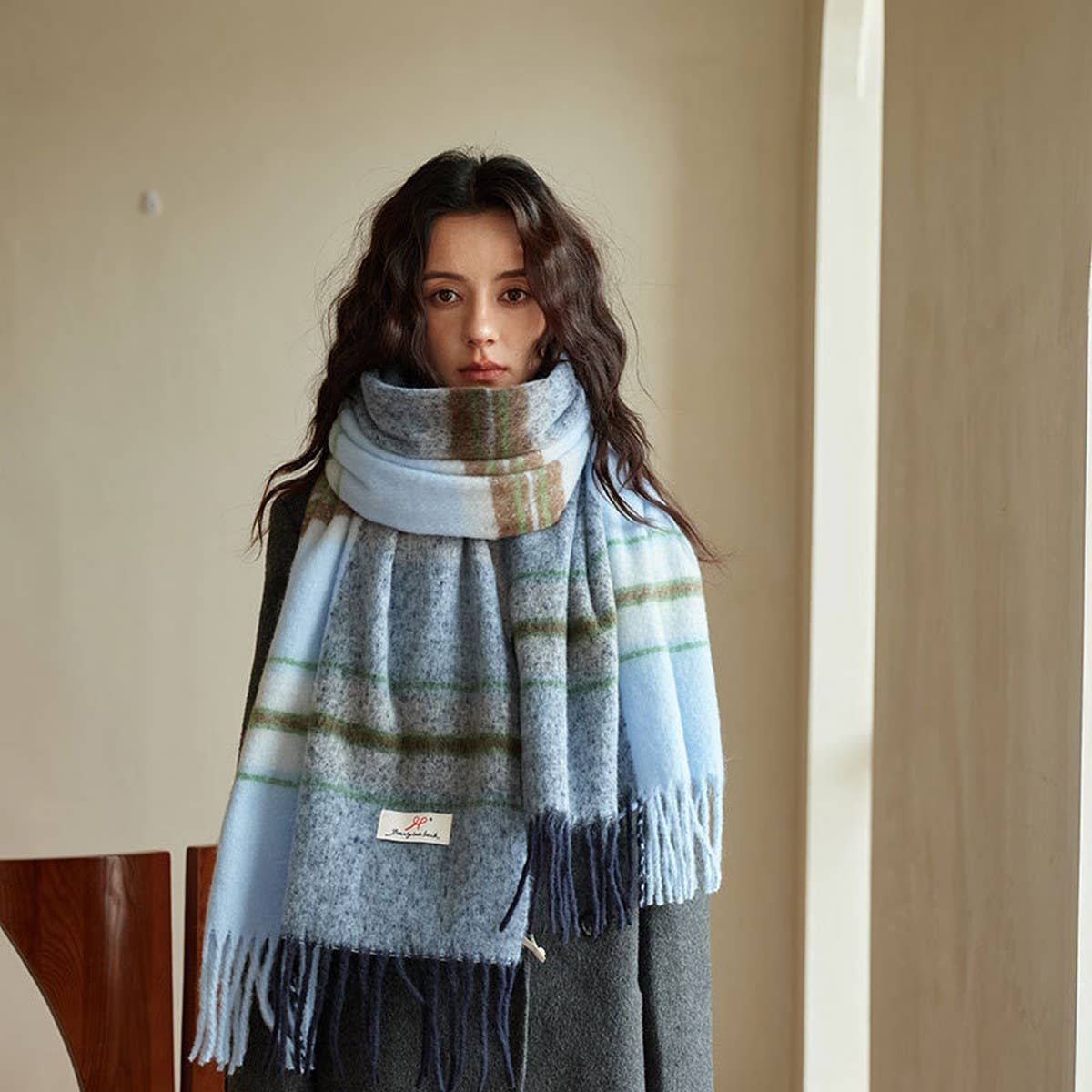 Blue Plaid Faux Cashmere Scarf ??Winter Warm_CWASC2337