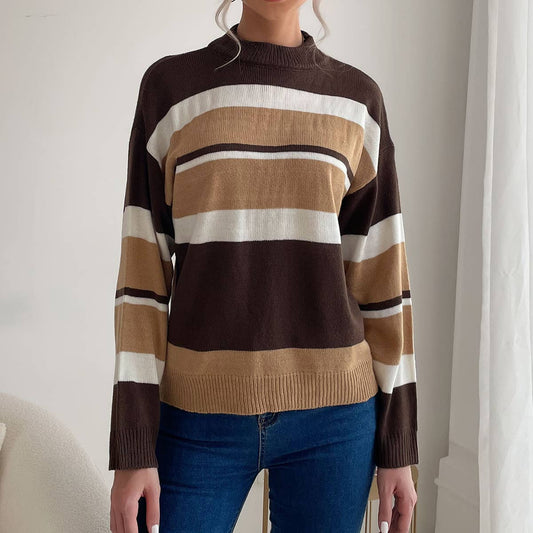 STRIPED PATCHWORK SEMI-TURTLENECK SWEATER