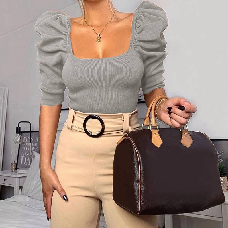 Simple square-neck puffed sleeve short-sleeve top