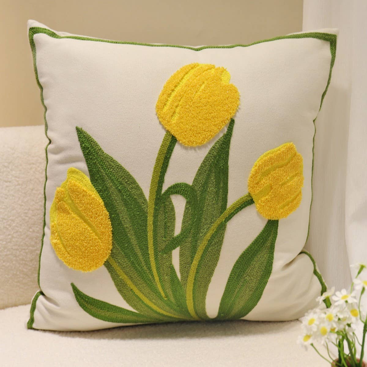 Tulip Embroidered Cute Pillow Cover for Bed & Sofa