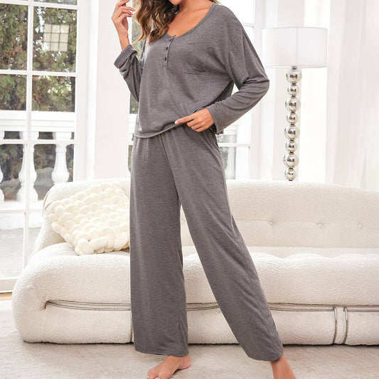 FASHION SOLID COLOR V-NECK SET THIN HOME WEAR