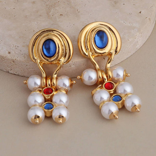 Mid-style pearl tassels silver needle earrings