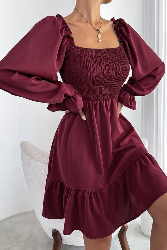 CWDSD6410_SQUARE NECK LONG SLEEVE PEPLUM DRESS SHORT