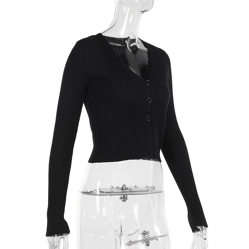 V-NECK WOOLEN LONG-SLEEVED SINGLE-BREASTED TOP