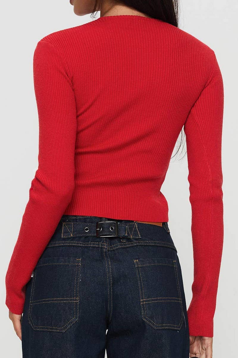CWOCAL00756_FITTED SOLID LONG SLEEVE BUTTON KNIT TOP