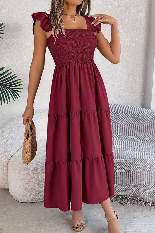 CWDMD2662_A-LINE DRESS WITH SQUARE COLLAR WOODEN EAR EDGE