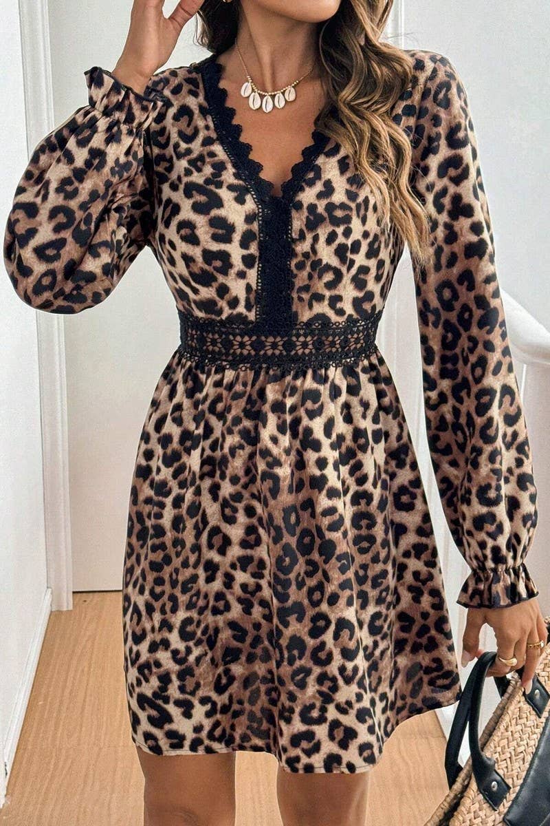 CWDSD6892_V-NECK LEOPARD LACE PATCHWORK LONG-SLEEVED DRESS