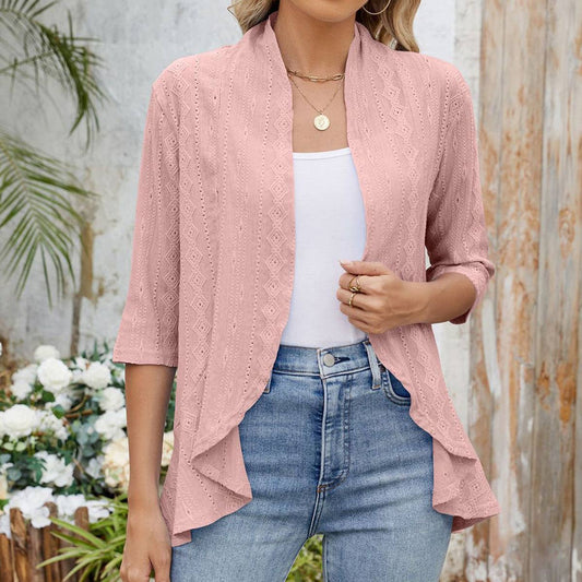 Three-quarter sleeve ruffled solid color cardigan