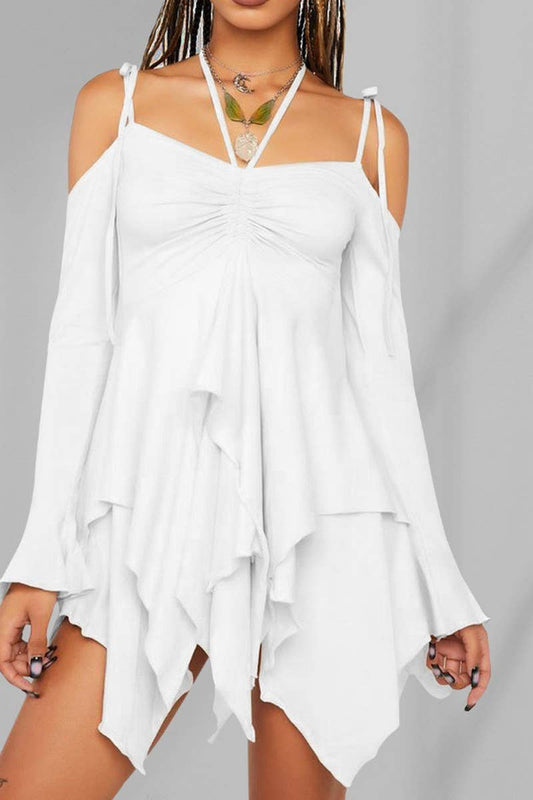 CWDSD7953_ELEGANT RUFFLED OFF-SHOULDER PATCHWORK MIDI DRESS