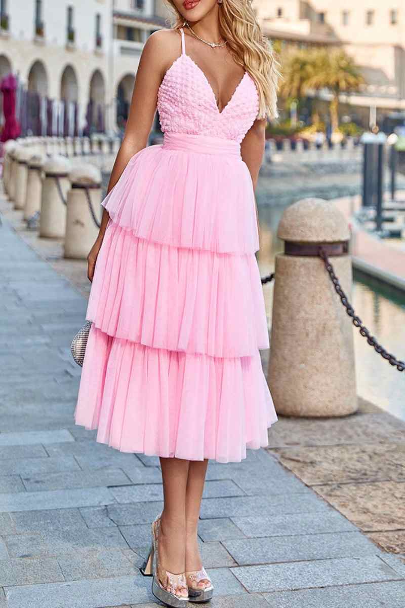 CWDHL0374_V-NECK SLEEVELESS PATCHWORK PUFFY SKIRT DRESS