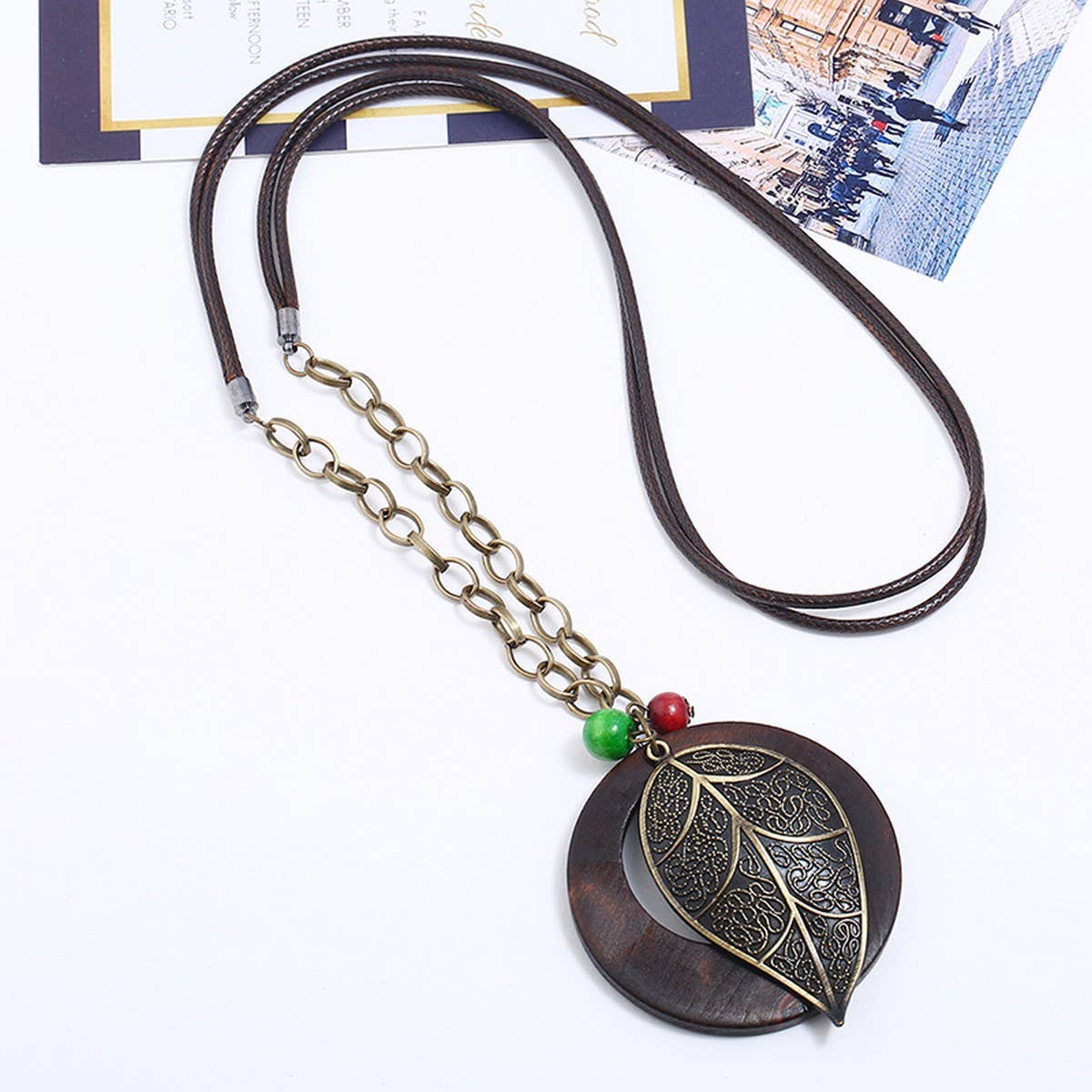 WAX WIRE ALLOY LARGE LEAF LONG NECKLACE