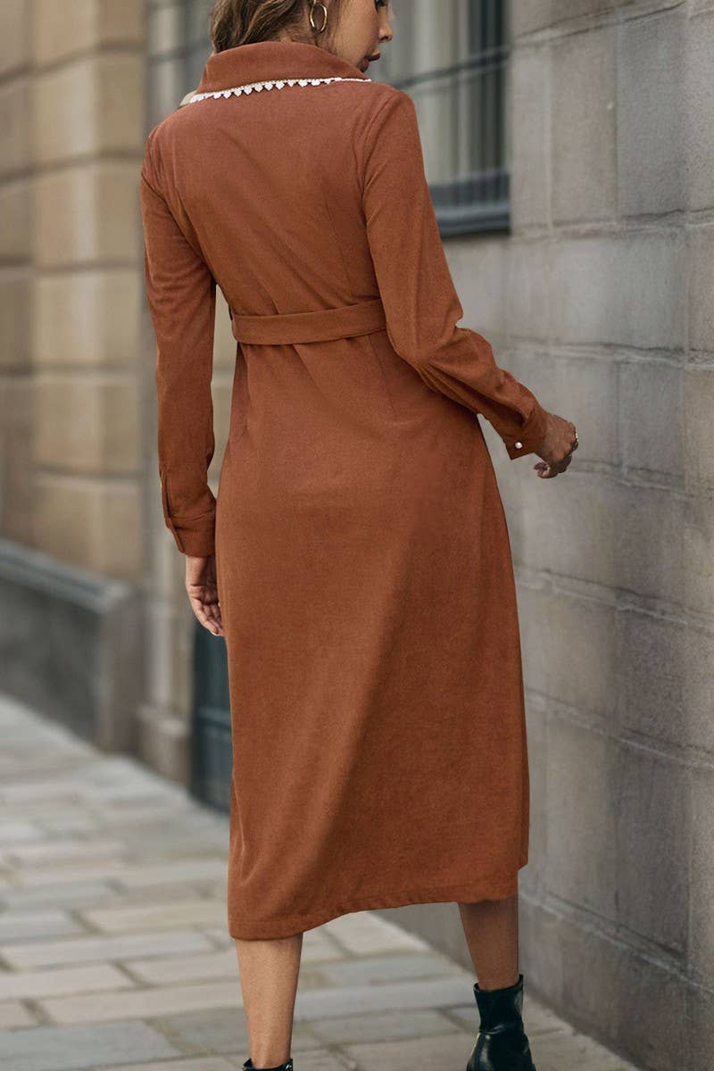 CWDMD4806_AUTUMN AND WINTER LAPEL STITCHING LACE DRESS