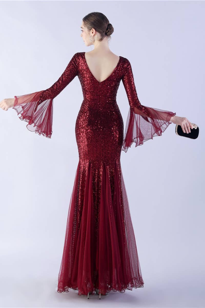 CWDMD3627_WAVY MESH BANQUET STAGE SEQUIN DRESS DRESS LONG