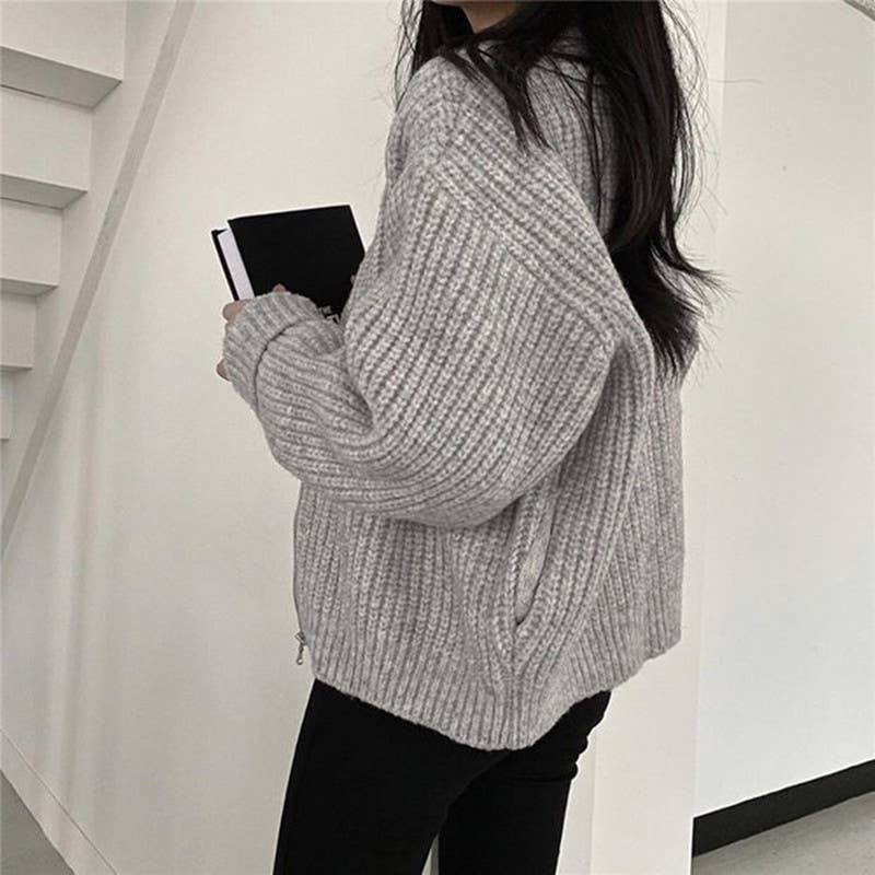 Solid-color zipper thick knitted cardigan