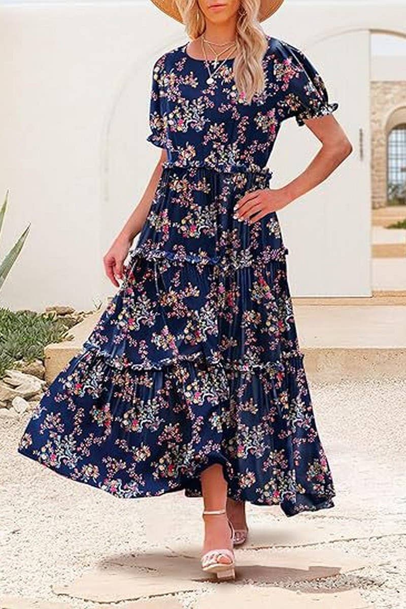 CWDMD6366_ROUND NECK PUFF SLEEVE RUFFLE PRINTED DRESS