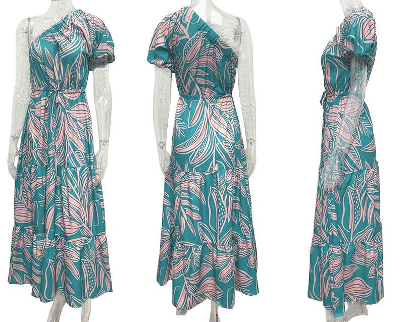 PRINTED BOHO DRESS WITH SLOPING NECK