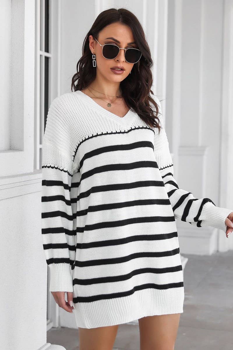 CWDSD7332_STRIPED V-NECK DROP SHOULDER LOOSE DRESS