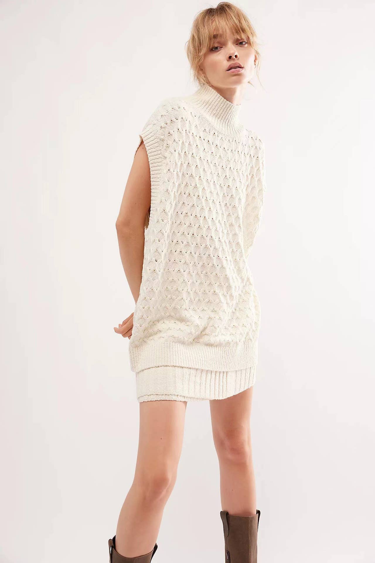 SOLID COLOR LOOSE WOOL VEST SKIRT TWO-PIECE SET