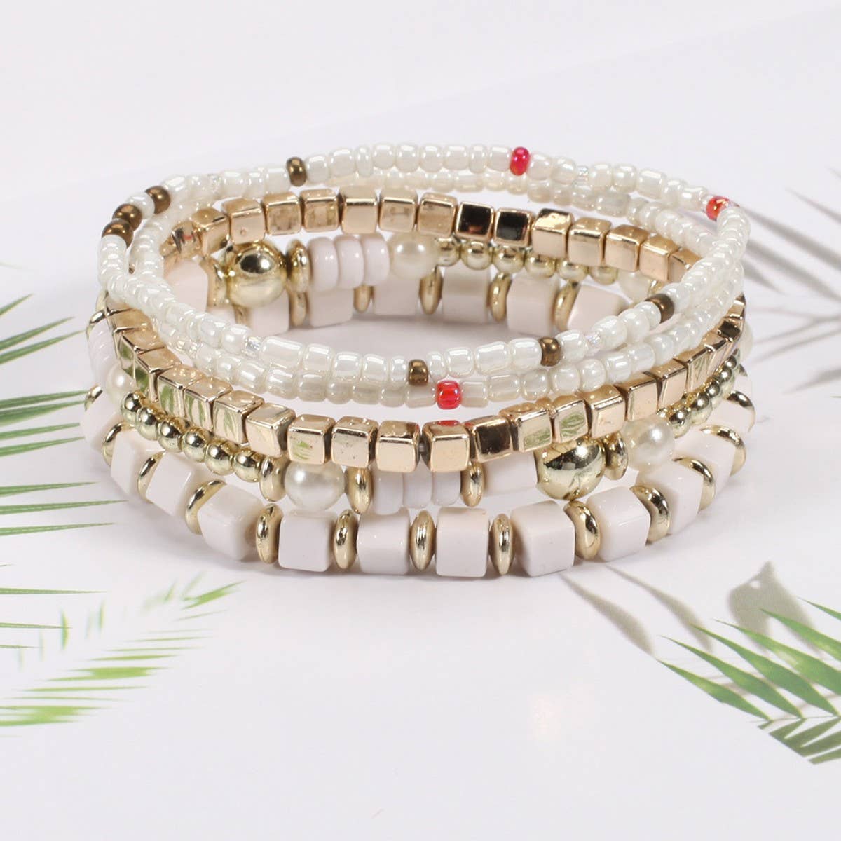 CWAJE05699_BOHO MULTI STRAND BEADED PEARL ELASTIC BRACELET