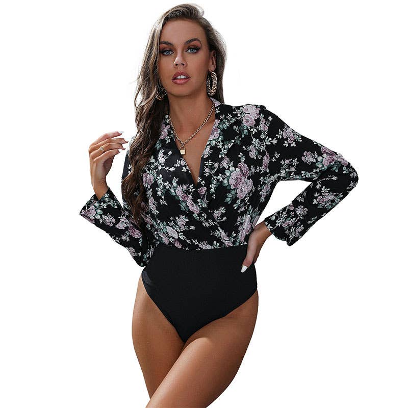 Patchwork V-neck one-piece floral jumpsuit