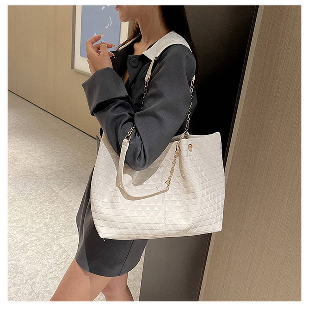 WOMEN SOLID COLOR PLAID TOTE BAG_CWAB1594