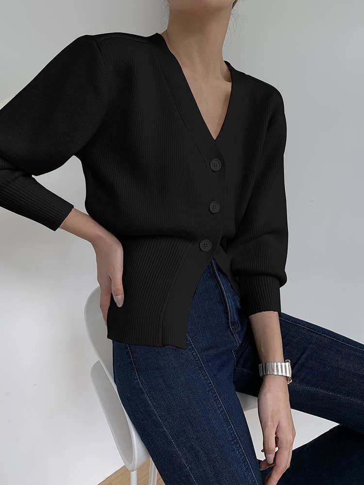 V-NECK SOLID COLOR WAISTLINE SWEATER CARDIGAN