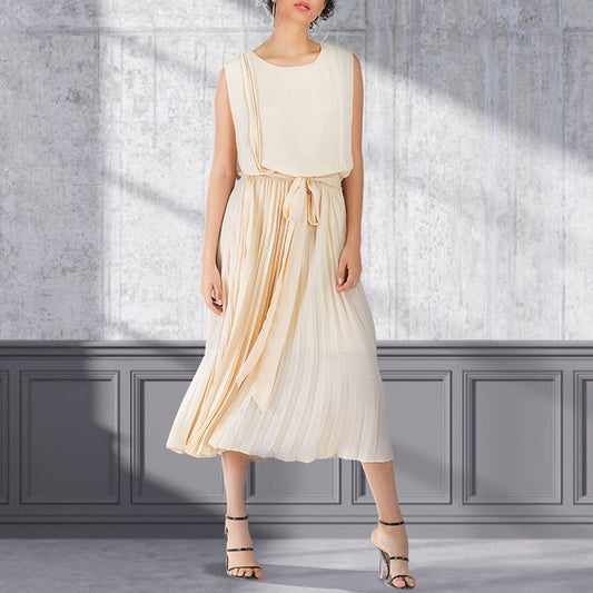 PINCHED BOW PLEATED CHIFFON SLEEVELESS DRESS