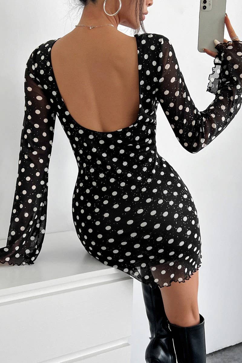 CWDSD6854_MESH POLKA DOT PRINT LONG SLEEVE OPEN BACK DRESS