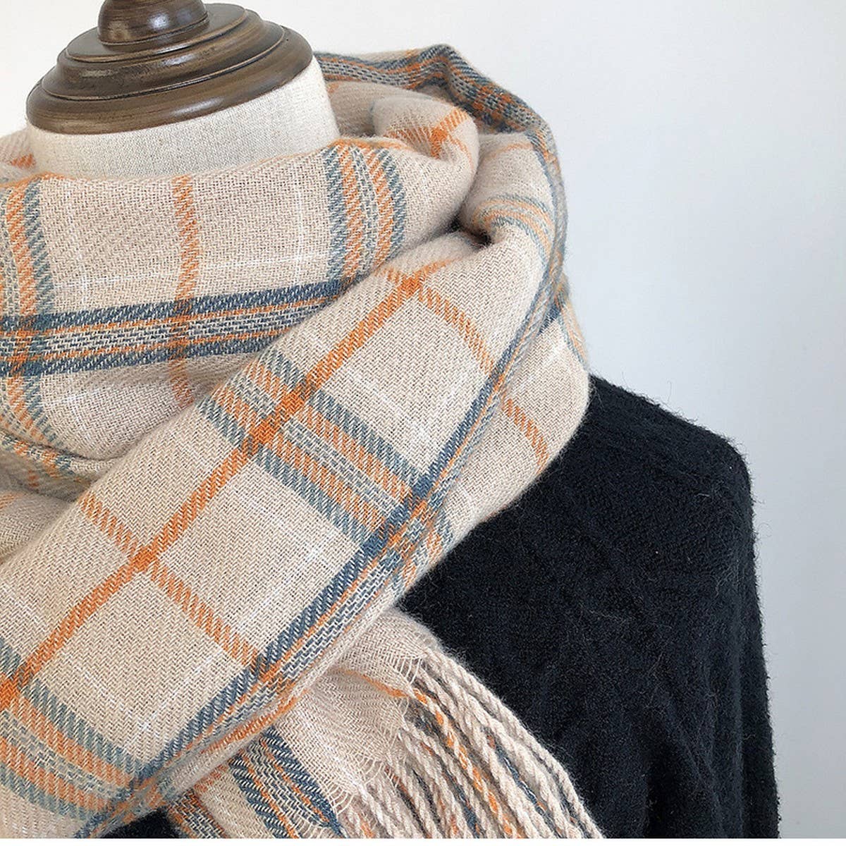 Plaid Faux Cashmere Scarf-Cozy Fringe Winter Wrap_CWASC1459
