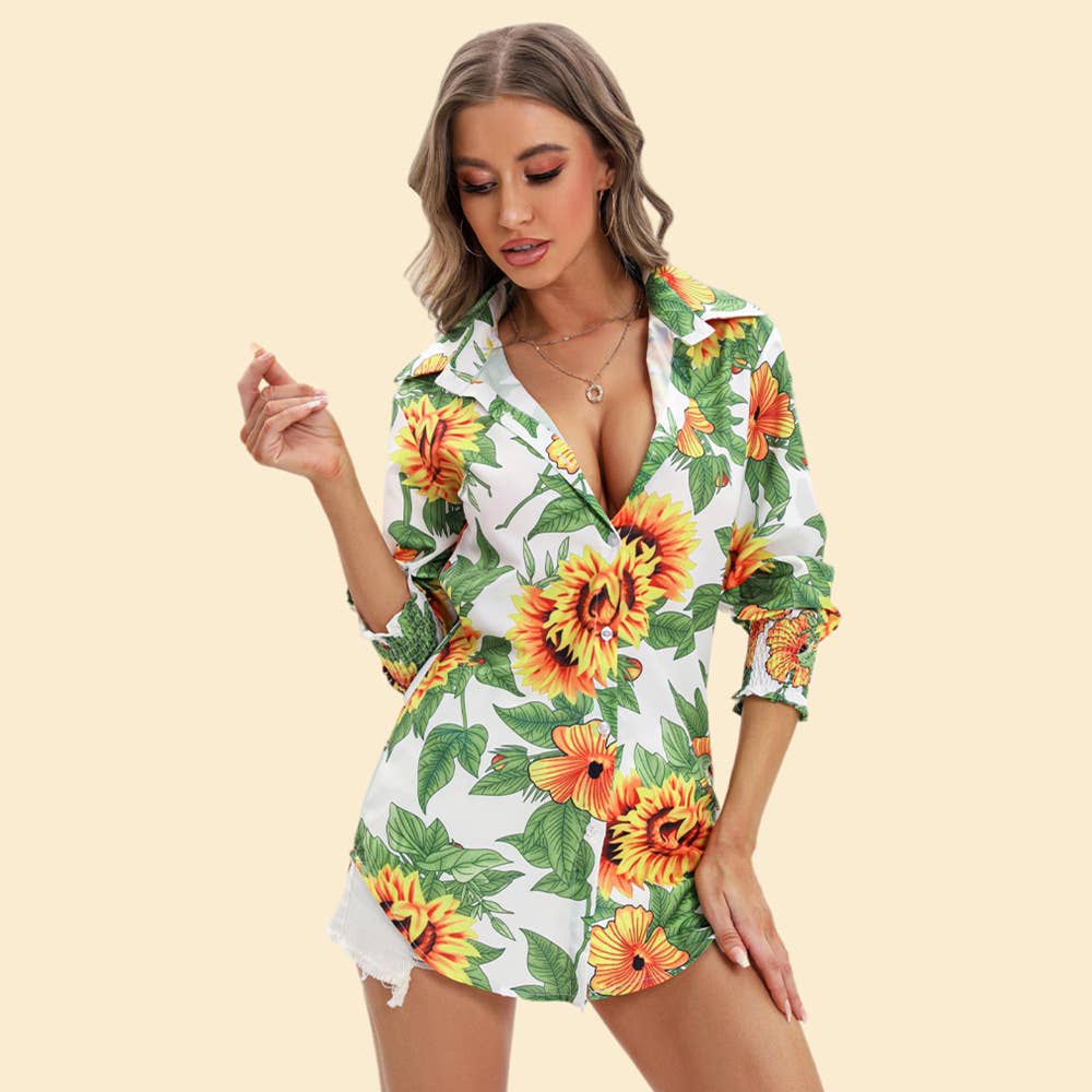 Printed long-sleeved shirt with lapel wrap_cwtbll0928