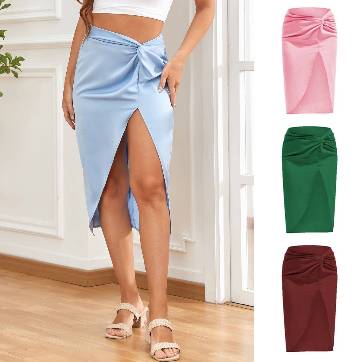 IRREGULAR SOLID COLOR SATIN HIP-LENGTH SKIRT