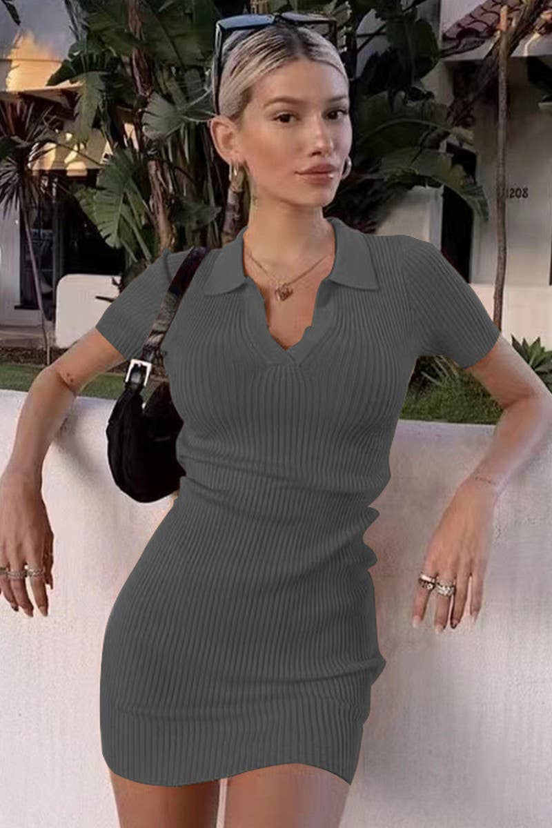 CWDSD7459_RIBBED DEEP V LAPEL SHORT SLEEVE BODYCON DRESS