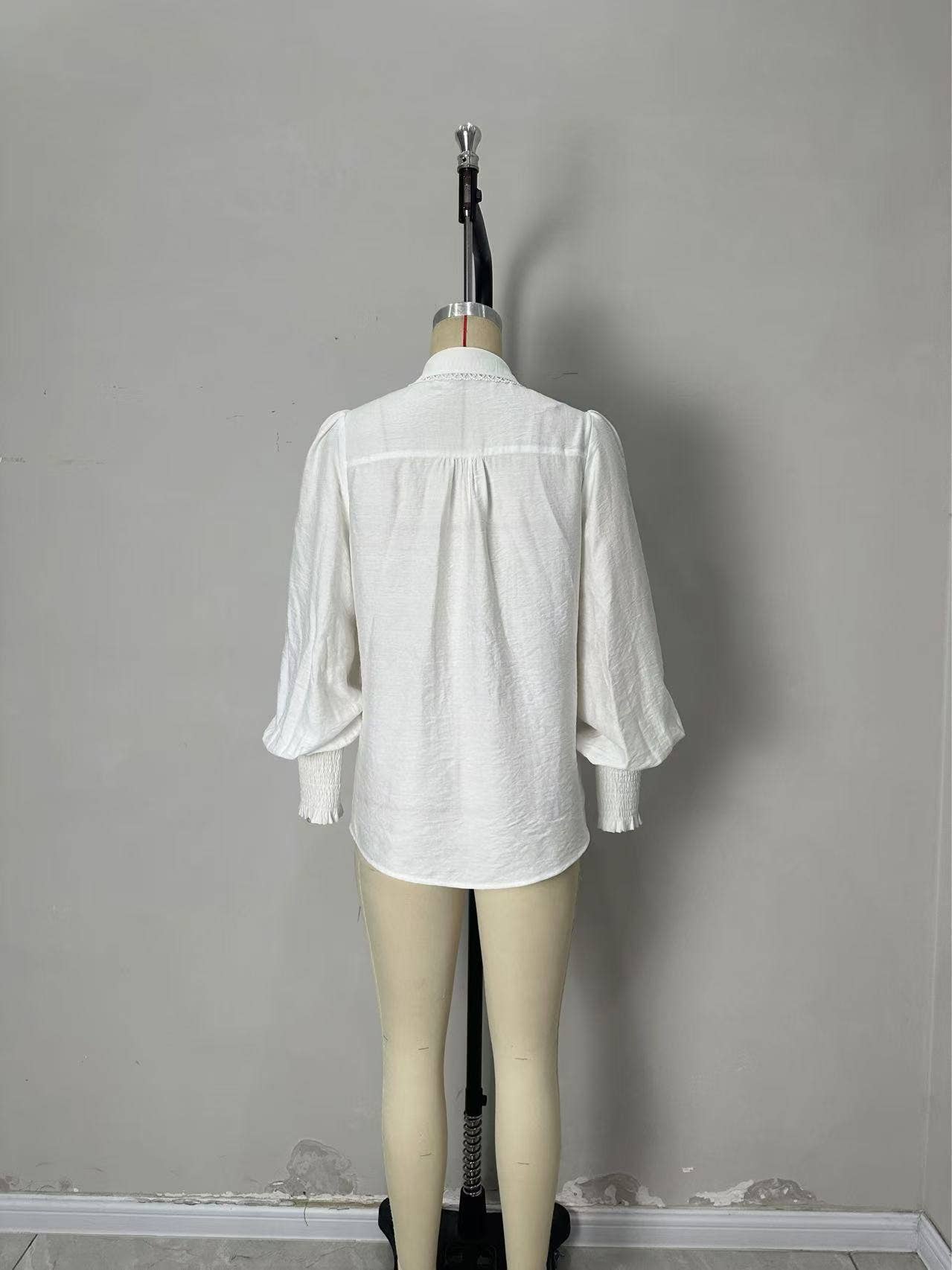 Lantern sleeve fabric lace trim fashion shirt