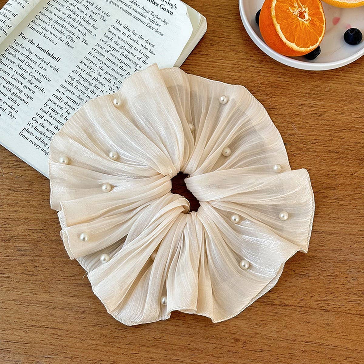 Iridescent Pleated Pearl Scrunchie Hair Tie