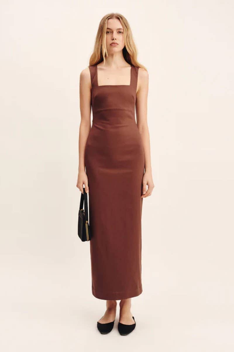 CWDMD5260_SOLID SQUARE NECK SLIM FIT COTTON-LINEN DRESS