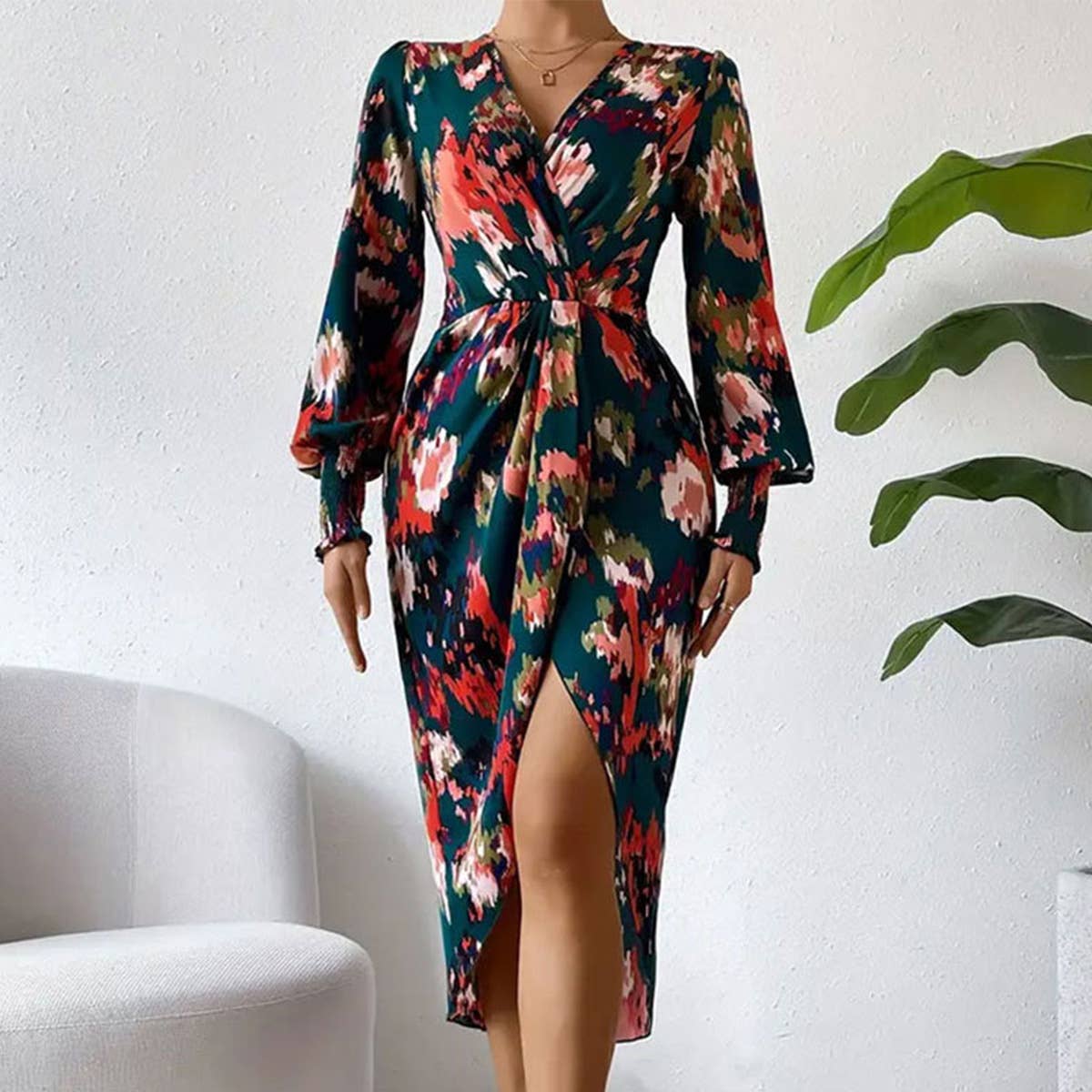 SLIM WRAP DRESS WITH LANTERN SLEEVES CROSS COLLAR