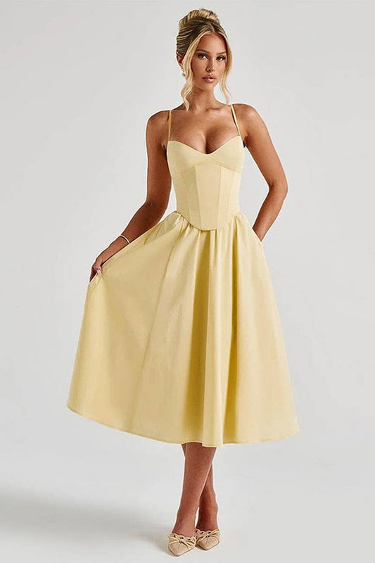 CWDMD5068_SPRING V-NECK SOLID COLOR WAIST SUSPENDER DRESS