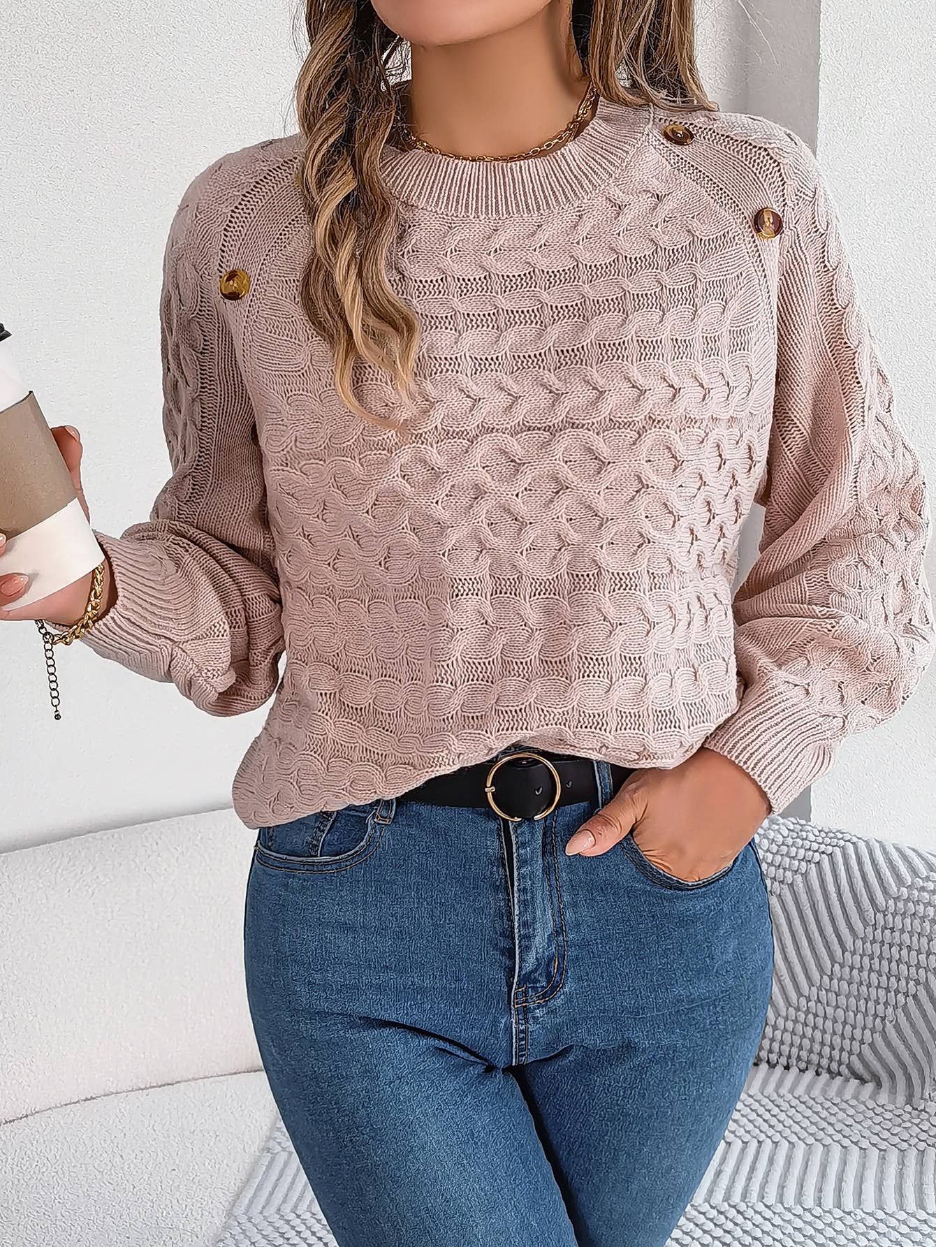 TWIST BUTTON LANTERN SLEEVE PULLOVER SWEATER
