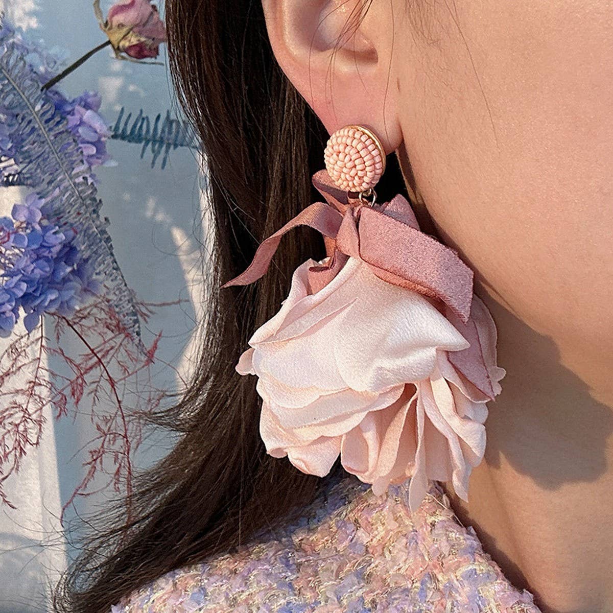 Long Statement Fabric Bow Flower Earrings