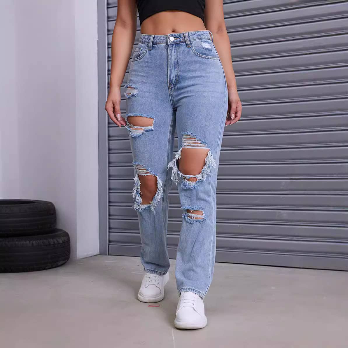 Perforated straight-leg personalized street jeans