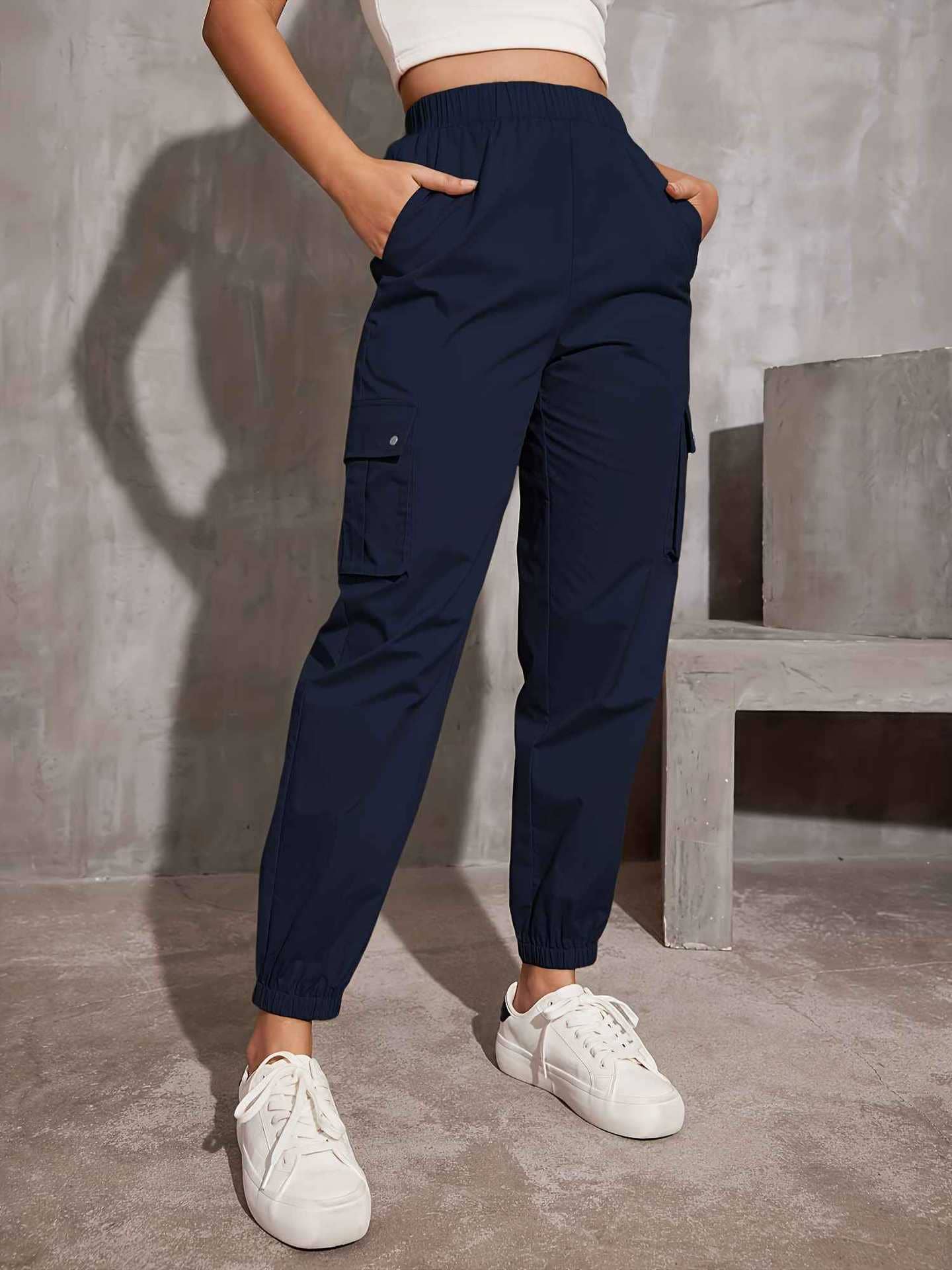 SOLID COLOR MULTI-POCKET CASUAL CARGO PANTS WOMAN