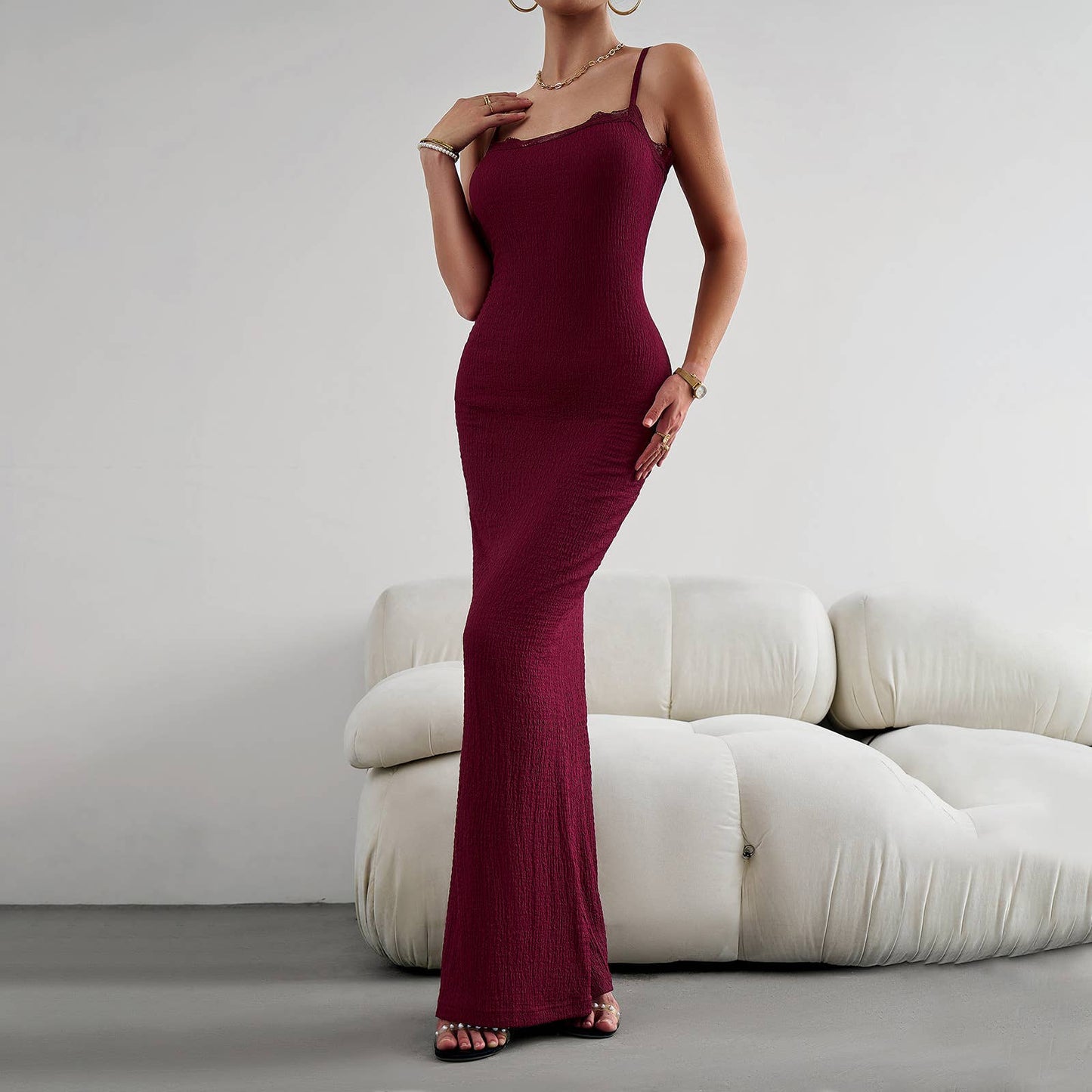 SOLID COLOR SEXY STYLE SLIM SUSPENDER LONG DRESS