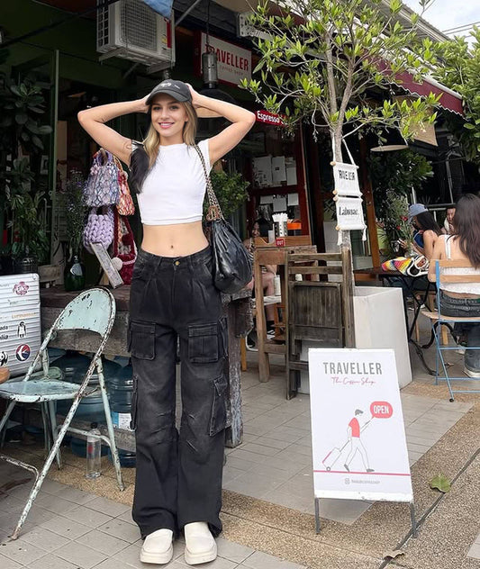 Loose straight wide-leg washed work pants