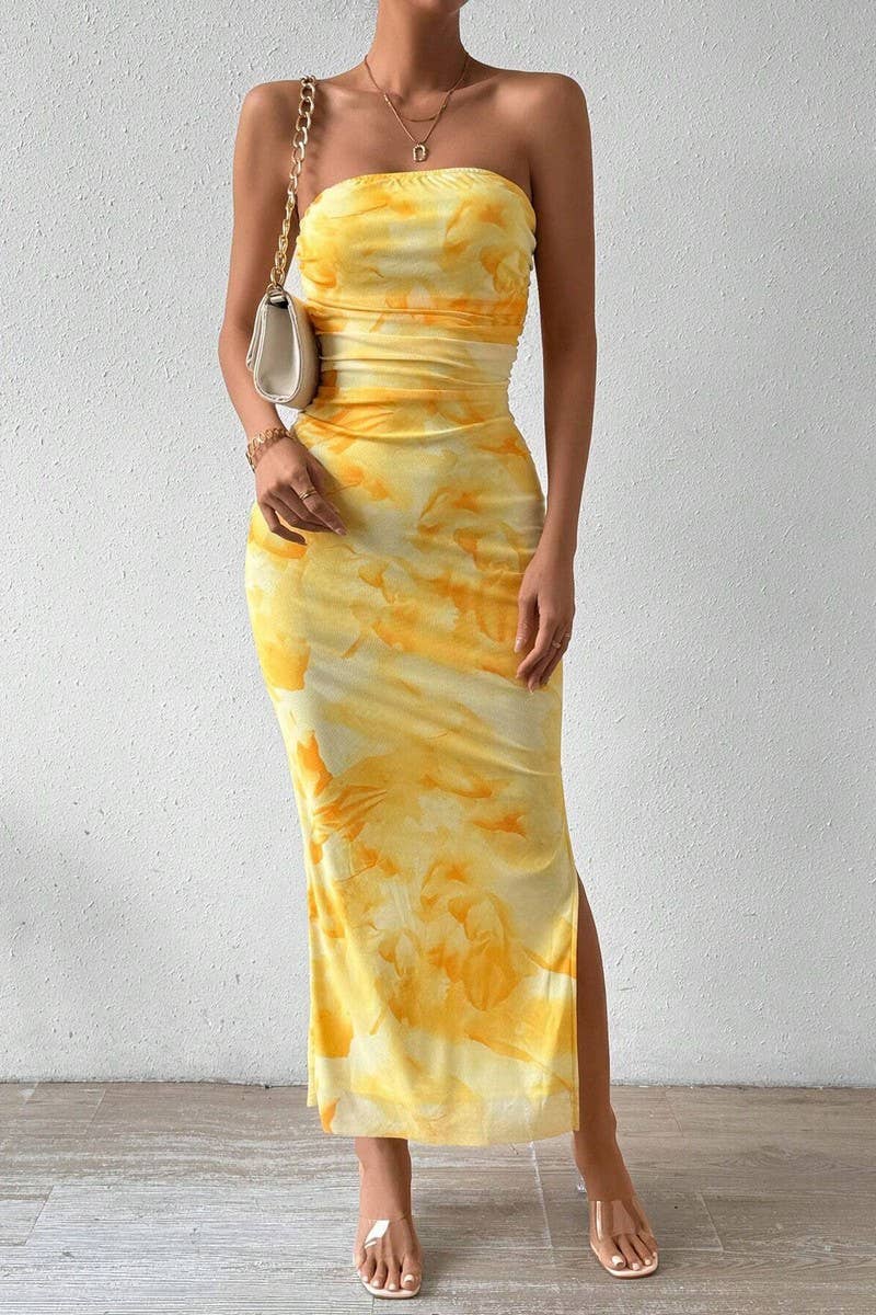 CWDTD0477_SEXY STRAPLESS HIGH WAIST SLIT BODYCON DRESS