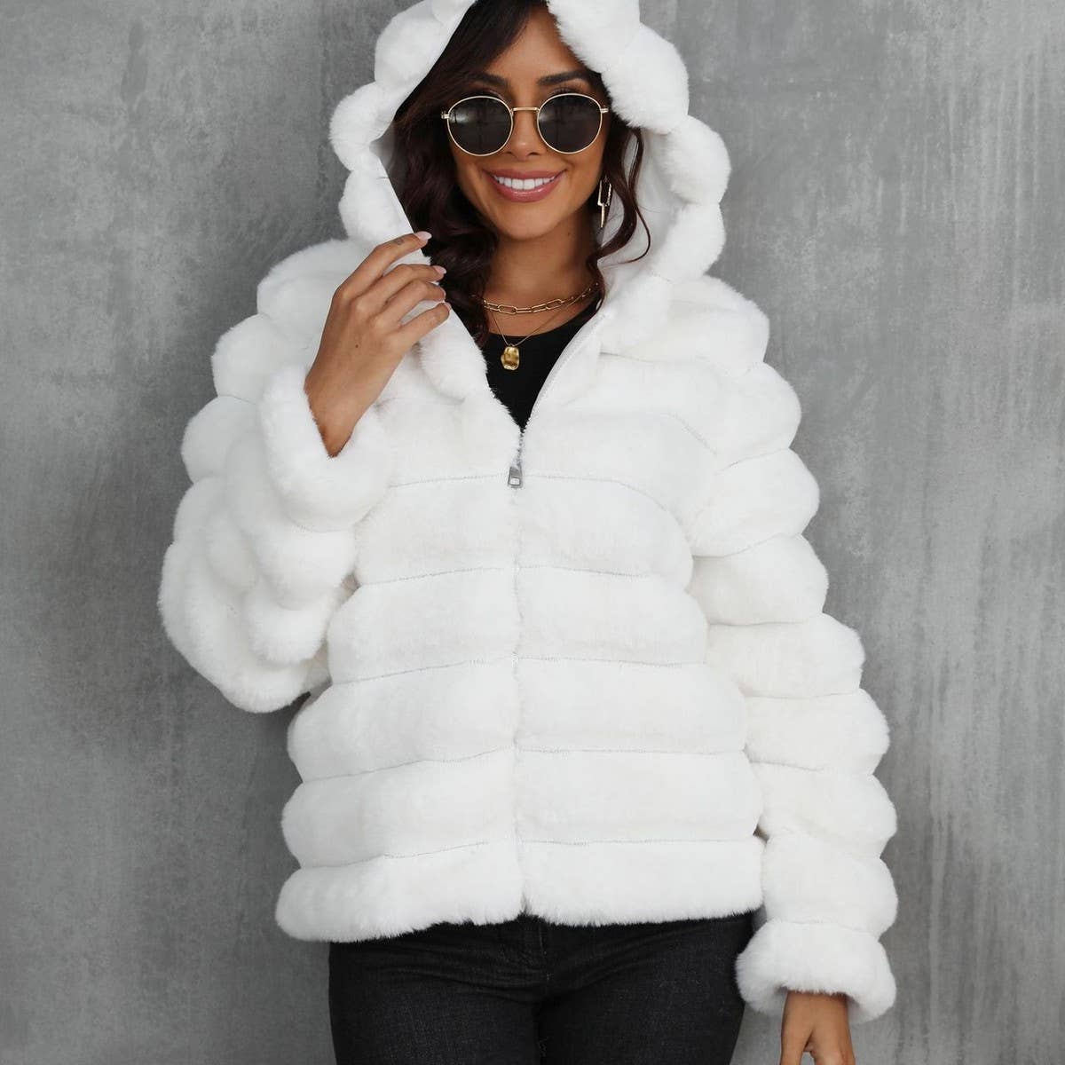 Women's Hooded Faux Fur Striped Short Coat