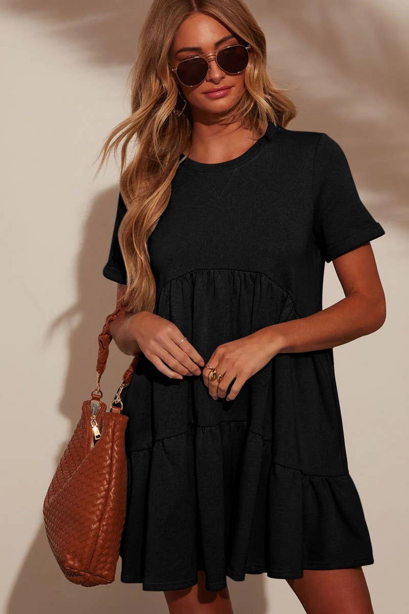 CWDSD7774_CASUAL POCKETED SHORT SLEEVE RUFFLED DRESS