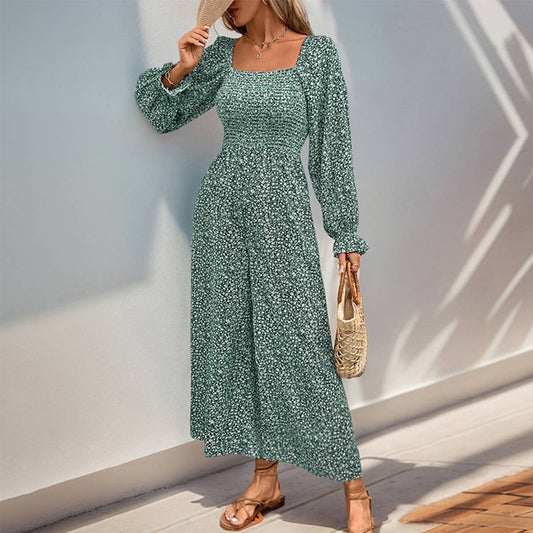 SQUARE NECK LONG SLEEVE FLORAL JUMPSUIT